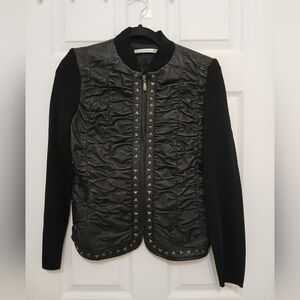 Peter Nygard Womens Studded Black Leather & Knit Full Zip Jacket
